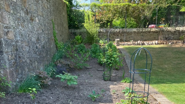 The Great North Border viewed from the lower slope, with stone walls, obelisks, and developing planting along the path.
