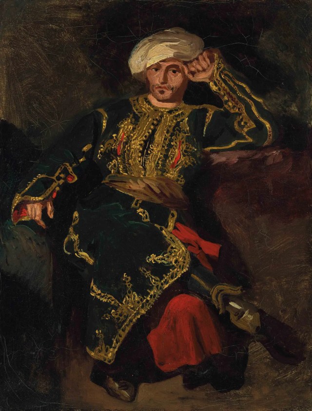 A richly dressed man in embroidered Turkish costume lounges against a dark background. Painted by Delacroix, the figure exudes languor and introspection, capturing the romanticised Orientalist aesthetic that inspired My Name is Red.