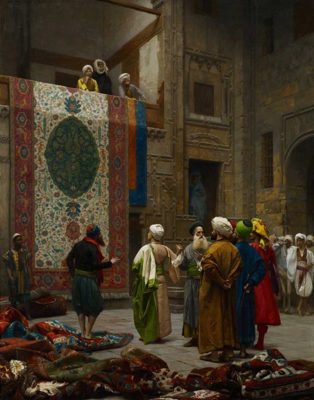 A bustling courtyard scene with richly robed figures inspecting and displaying ornate carpets. Painted by Gérôme, it reflects the theatrical opulence and layered storytelling that underpin the design ethos of My Name is Red.